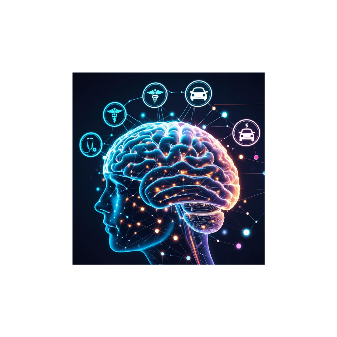 Futuristic digital brain with neural networks representing deep learning transforming industries like healthcare, transportation, and finance.