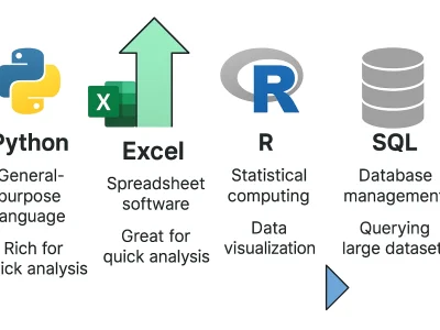 Data analysis with Python using tools like Pandas, Excel, R, and SQL for efficient data manipulation and visualization.