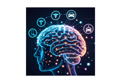 Futuristic digital brain with neural networks representing deep learning transforming industries like healthcare, transportation, and finance.