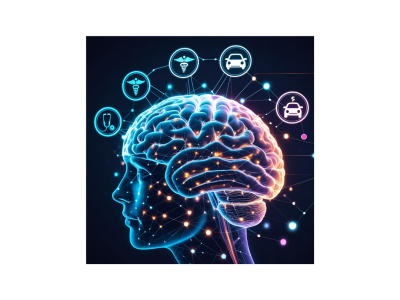 Futuristic digital brain with neural networks representing deep learning transforming industries like healthcare, transportation, and finance.