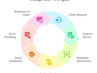 Node.js REST API architecture showing Express server, client requests, and database interaction